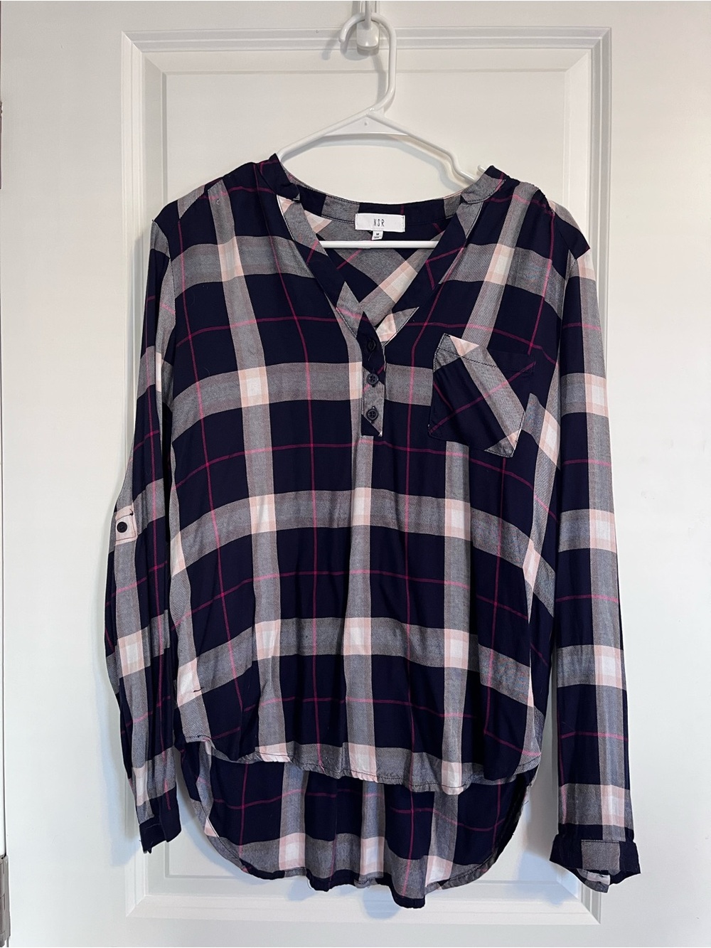 MSR Navy Plaid Tunic with Pink, White, and Gray Accents